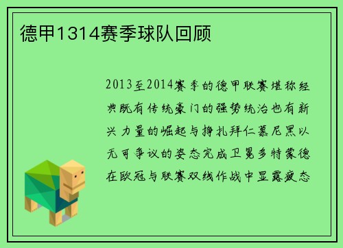 德甲1314赛季球队回顾