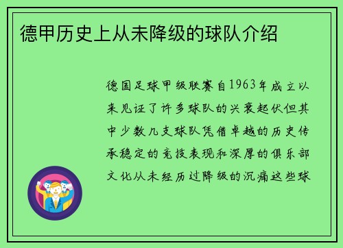 德甲历史上从未降级的球队介绍