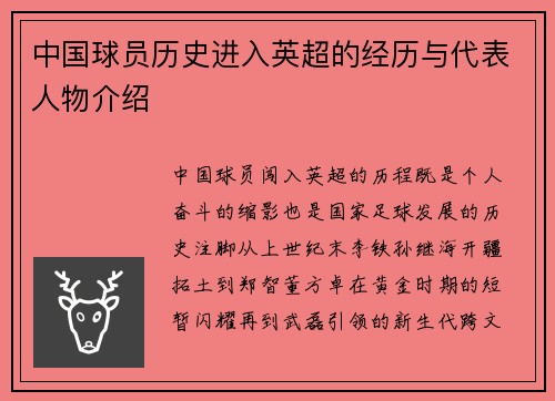 中国球员历史进入英超的经历与代表人物介绍