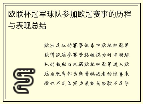 欧联杯冠军球队参加欧冠赛事的历程与表现总结